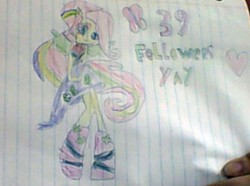 Size: 416x309 | Tagged: safe, fluttershy, equestria girls, g4, my little pony equestria girls: rainbow rocks, 39 followers, female, heart, humanized, lined paper, photo, ponied up, solo, traditional art, winged humanization, yay