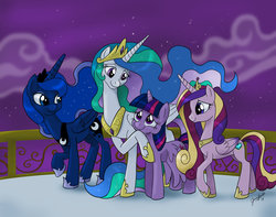 Size: 1024x805 | Tagged: dead source, safe, artist:chibi-jen-hen, princess cadance, princess celestia, princess luna, twilight sparkle, alicorn, pony, g4, alicorn tetrarchy, balcony, female, mare, scene interpretation, sisters-in-law, twilight sparkle (alicorn), you'll play your part