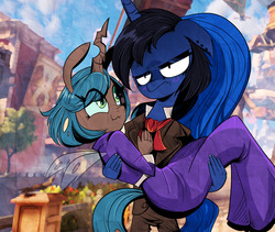 Size: 1280x1079 | Tagged: safe, artist:jokerpony, princess luna, queen chrysalis, anthro, ask teen chrysalis, g4, :3, bioshock infinite, booker dewitt, bridal carry, clothes, elizabeth