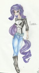 Size: 900x1675 | Tagged: safe, artist:nighthawkryuu, rarity, human, g4, alternate clothes, crossover, female, humanized, marvel, punisher, solo, the punisher, traditional art