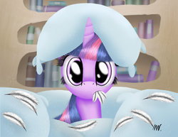 Size: 1280x989 | Tagged: safe, artist:xiii-xv-xvii, twilight sparkle, g4, look before you sleep, book, cute, eyelashes, feather, female, frown, golden oaks library, looking at you, mouth hold, pillow, pillow hat, scene interpretation, solo, wide eyes