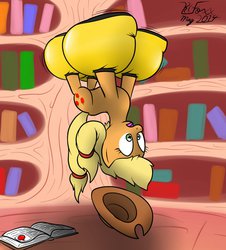 Size: 1158x1280 | Tagged: safe, artist:the-furry-railfan, applejack, earth pony, pony, g4, book, boots, cowboy hat, floating, galoshes, hat, helium, inflation, library, open mouth, shocked, silly, silly pony, stetson, upside down, wide eyes