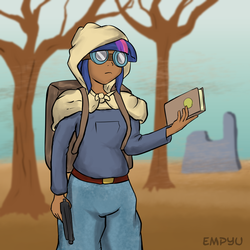 Size: 1000x1000 | Tagged: safe, artist:empyu, twilight sparkle, human, g4, dark skin, female, goggles, gun, humanized, pistol, solo, the book of eli