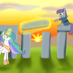 Size: 1000x1000 | Tagged: safe, artist:empyu, maud pie, princess celestia, alicorn, earth pony, pony, g4, duo, female, levitation, magic, mare, pointing, sitting, smiling, stonehenge, sun, sunset, telekinesis