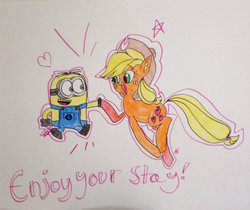 Size: 1024x859 | Tagged: safe, artist:mushroomcookiebear, applejack, g4, despicable me, hoofbump, minions, traditional art