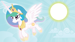 Size: 5692x3196 | Tagged: safe, artist:t-3000, princess celestia, g4, female, flying, glowing, sky, smiling, solo, sparkles, spread wings, sun