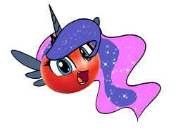 Size: 1280x1006 | Tagged: safe, artist:darkflame75, princess luna, lunadoodle, g4, female, looking at you, open mouth, smiling, solo, spread wings, tomato, wat, wet