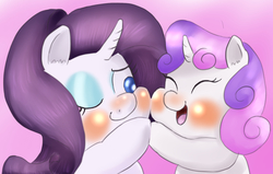 Size: 1544x981 | Tagged: safe, artist:braffy, rarity, sweetie belle, pony, unicorn, g4, blushing, cheek squish, chibi, chubby, duo, female, filly, mare, one eye closed, siblings, simple background, sisters, squishy cheeks, touching hooves