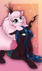 Size: 600x1000 | Tagged: dead source, safe, artist:probablyfakeblonde, queen chrysalis, oc, oc:fluffle puff, changeling, pony, g4, :p, accessory swap, canon x oc, crown, female, fluffle puff riding chrysalis, heart, lesbian, lidded eyes, pony hat, prone, riding, ship:chrysipuff, shipping, smiling, tongue out