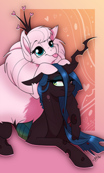 Size: 600x1000 | Tagged: dead source, safe, artist:probablyfakeblonde, queen chrysalis, oc, oc:fluffle puff, changeling, pony, g4, :p, accessory swap, canon x oc, crown, female, heart, lesbian, lidded eyes, pony hat, prone, riding, ship:chrysipuff, shipping, smiling, tongue out