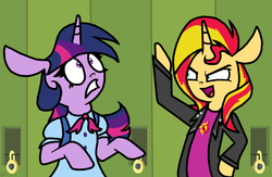 Size: 934x608 | Tagged: dead source, safe, artist:daisy-dictator, sunset shimmer, twilight sparkle, pony, unicorn, equestria girls, g4, my little pony equestria girls, bipedal, clothes, equestria girls outfit, equestria girls ponified, ponified, scene interpretation, twilight sparkle (alicorn), you must be new here