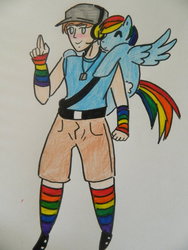 Size: 774x1031 | Tagged: safe, artist:rainbowscouty, rainbow dash, human, pegasus, g4, clothes, rainbow socks, scout (tf2), socks, striped socks, team fortress 2, traditional art