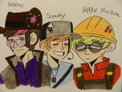 Size: 800x600 | Tagged: artist needed, safe, applejack, rainbow dash, twilight sparkle, human, g4, engineer, engineer (tf2), humanized, scout (tf2), sniper, sniper (tf2), team fortress 2, traditional art