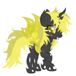 Size: 3200x3200 | Tagged: safe, artist:law44444, derpy hooves, changeling, g4, blushing, changelingified, colored pupils, derpling, fangs, female, high res, raised hoof, simple background, solo, transparent background, yellow changeling