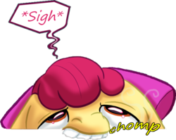 Size: 658x523 | Tagged: safe, artist:pikapetey, editor:redweasel, apple bloom, earth pony, pony, g4, bored, chomp, frustrated, reaction image, sigh, simple background, teeth, transparent background