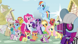 Size: 1024x580 | Tagged: safe, edit, apple bloom, applejack, big macintosh, carrot cake, cup cake, fluttershy, granny smith, mayor mare, photo finish, pinkie pie, rainbow dash, rarity, scootaloo, spike, sweetie belle, twilight sparkle, zecora, alicorn, pony, zebra, g4, colt, cutie mark crusaders, female, foal, intro, male, mane six, mare, opening, opening credits, stallion, the ruins of golden oaks library, twilight sparkle (alicorn)