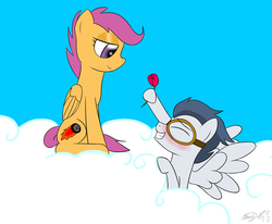 Size: 1747x1439 | Tagged: safe, artist:blairchan231, rumble, scootaloo, g4, blushing, female, flower, goggles, male, older, ship:rumbloo, shipping, straight