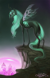 Size: 3300x5100 | Tagged: safe, artist:calonarang, queen chrysalis, changeling, changeling queen, g4, canterlot, fangs, female, insect wings, solo, transparent wings, wings