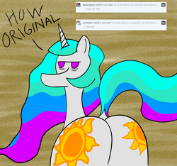 Size: 1536x1440 | Tagged: safe, artist:gustav tremendous, princess celestia, pony, g4, butt, female, looking at you, looking back, looking back at you, mare, plot