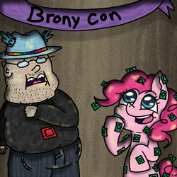 Size: 666x666 | Tagged: safe, artist:justanotherponyfag, pinkie pie, human, bronycon, g4, 2014, asan, autism, banner, brony, brony stereotype, color communications badges, convention, fedora shaming, glasses, green, hat, looking up, neckbeard, open mouth, red, rubbing, smiling, sweat, trilby, vulgar description