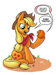 Size: 500x667 | Tagged: safe, artist:retrostarling, applejack, earth pony, pony, g4, annoying orange, bandana, food, orange, pun, speech bubble