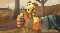 Size: 1191x670 | Tagged: safe, artist:alexanderconhanger, applejack, g4, appletini, engineer, engineer (tf2), small, team fortress 2