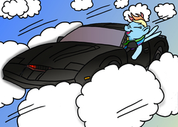 Size: 3484x2496 | Tagged: safe, artist:doctorcat, rainbow dash, g4, car, cloud, cloudy, crossover, driving, eyes closed, flying, high res, illogical, kitt, knight rider, open mouth, pontiac firebird, smiling, this will end in a turbo boost, tv show