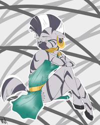 Size: 800x1000 | Tagged: safe, artist:choowoo, zecora, zebra, anthro, g4, abstract background, bedroom eyes, clothes, dress, female, floppy ears, looking at you, sitting, smiling, solo