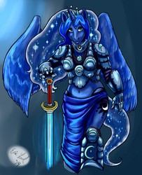 Size: 1037x1280 | Tagged: safe, artist:kazen101, princess luna, anthro, g4, armor, belly button, female, midriff, solo, sword, warrior luna