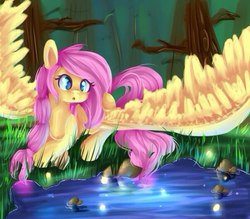 Size: 604x528 | Tagged: safe, artist:baid-woo, fluttershy, g4, :o, female, grass, long mane, pond, prone, solo, spread wings, water