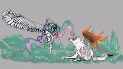 Size: 4800x2700 | Tagged: safe, artist:vtruss1, princess celestia, alicorn, horse, pony, g4, amaterasu, crossover, eye contact, female, grass, gray background, looking at each other, mare, okami, prone, raised hoof, simple background, smiling, spread wings, sunmutt, wings