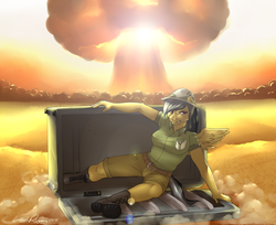 Size: 1200x981 | Tagged: safe, artist:touchofsnow, daring do, anthro, plantigrade anthro, g4, atomic bomb, big breasts, boots, breasts, clothes, female, indiana jones, indiana jones and the kingdom of the crystal skull, mushroom cloud, narm, nuking the fridge, parody, refrigerator, safety, shoes, solo, surviving
