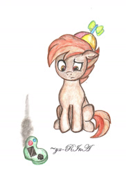 Size: 1276x1755 | Tagged: safe, artist:ya-rina, button mash, earth pony, pony, g4, colt, confused, controller, floppy ears, foal, hat, hooves, male, propeller hat, simple background, sitting, solo, traditional art, video game, white background