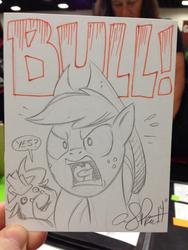 Size: 852x1136 | Tagged: safe, artist:andy price, applejack, king longhorn, bull, earth pony, pony, g4, andy you magnificent bastard, angry, female, glare, left 4 dead, male, mare, open mouth, rage, reference, tongue out, traditional art, uvula, wide eyes, yelling