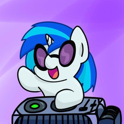 Size: 500x500 | Tagged: safe, artist:as177sd, dj pon-3, vinyl scratch, g4, abstract background, chibi, cute, female, open mouth, pixiv, smiling, solo, turntable