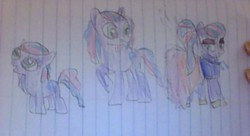 Size: 588x320 | Tagged: safe, artist:gracie_cleopatra, oc, oc only, oc:party note, earth pony, pony, celebrity, clothes, dress, filly, gala dress, lined paper, traditional art, trio