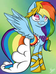 Size: 1936x2592 | Tagged: safe, artist:hayley1432, rainbow dash, pegasus, pony, g4, the best night ever, clothes, dress, female, gala dress, smiling, solo, spread wings