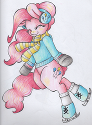 Size: 2480x3365 | Tagged: safe, artist:sk-ree, pinkie pie, earth pony, pony, g4, bipedal, clothes, earmuffs, eyes closed, female, high res, ice skates, mittens, scarf, simple background, skates, skating, smiling, solo, sweater, traditional art