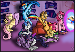 Size: 2540x1769 | Tagged: safe, artist:stormblaze-pegasus, applejack, fluttershy, pinkie pie, rainbow dash, rarity, spike, twilight sparkle, alicorn, pony, g4, book, brush, female, golden oaks library, levitation, magic, mane six, mare, pillow fight, sleepover, twilight sparkle (alicorn)