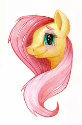 Size: 900x1379 | Tagged: safe, artist:brendavid, fluttershy, g4, ear fluff, female, simple background, smiling, solo, traditional art