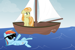 Size: 3000x2000 | Tagged: safe, artist:pterocorn, junebug, rainbow dash, earth pony, pegasus, pony, g4, boat, duo, duo male, female, high res, junebug answers, male, mare, sailboat, ship, sunglasses