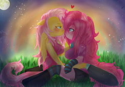 Size: 1492x1038 | Tagged: safe, artist:glaceon803, fluttershy, pinkie pie, anthro, g4, clothes, female, lesbian, ship:flutterpie, shipping, socks, striped socks