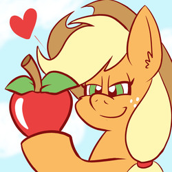 Size: 2400x2400 | Tagged: safe, artist:pembroke, applejack, g4, apple, female, heart, high res, simple background, solo, that pony sure does love apples, white background