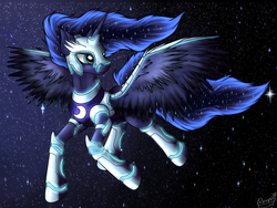 Size: 3200x2400 | Tagged: safe, artist:reaper3d, princess luna, g4, armor, female, flying, high res, russian, solo, space, spread wings, stars