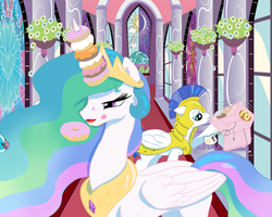 Size: 1000x800 | Tagged: safe, artist:crazypurplebat, artist:kp-shadowsquirrel, artist:soren-the-owl, princess celestia, alicorn, pegasus, pony, g4, bedroom eyes, cake, cakelestia, colored, cute, cutelestia, donut, donutlestia, eating, female, floppy ears, frown, heart, hoof hold, horn, horn grab, horn impalement, iou, male, mare, messy, messy eating, open mouth, pouting, pure unfiltered evil, robbery, royal guard, sad, smiling, stallion, stealing, the uses of unicorn horns, trollestia, tyrant celestia