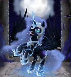 Size: 5500x6000 | Tagged: safe, artist:vittorionobile, nightmare moon, g4, absurd resolution, angry, fangs, female, lightning, looking at you, moon, night, rearing, sharp teeth, solo