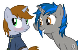 Size: 2000x1279 | Tagged: safe, artist:mrlolcats17, oc, oc only, oc:homage, oc:littlepip, pony, unicorn, fallout equestria, animated, annoyed, blushing, boop, clothes, cute, cutie mark, eye contact, fanfic, fanfic art, female, frown, gif, grin, hooves, horn, jumpsuit, lesbian, mare, nose wrinkle, oc x oc, pipbuck, scrunchy face, ship:pipmage, shipping, show accurate, simple background, smiling, squee, teeth, vault suit, white background