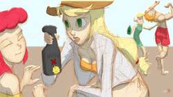 Size: 720x405 | Tagged: safe, artist:bipole, apple bloom, applejack, big macintosh, granny smith, human, g4, beach, humanized