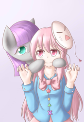 Size: 2430x3507 | Tagged: safe, artist:dyoung, maud pie, earth pony, human, pony, g4, female, gray background, hata no kokoro, high res, hoof hold, mare, mask, pixiv, simple background, smiling, touhou, when she smiles