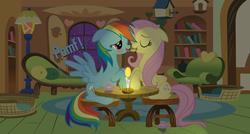 Size: 8000x4284 | Tagged: safe, artist:shutterflyeqd, fluttershy, rainbow dash, pegasus, pony, g4, absurd resolution, candle, date, eating, female, fluttershy's cottage, lesbian, night, pomf, romantic, sandwich, ship:flutterdash, shipping, spread wings, vector, wingboner, wings